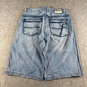Y2K baggy jean shorts jorts faded embroidered 38x15 Pelle Pelle rave hip hop vtg